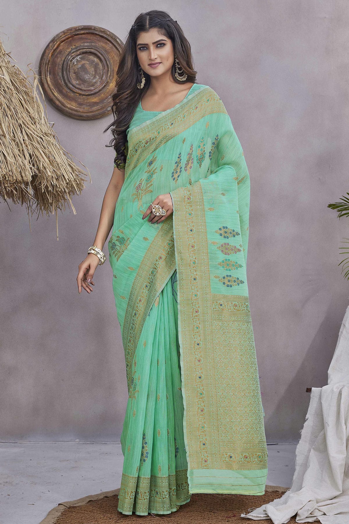 Sea Green Colour Linen Traditional Saree