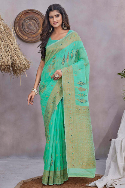 Sea Green Colour Linen Traditional Saree