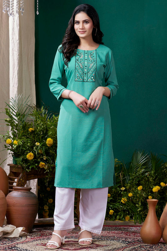 Sea Green Colour Maaza Cotton Kurta And Pant Set