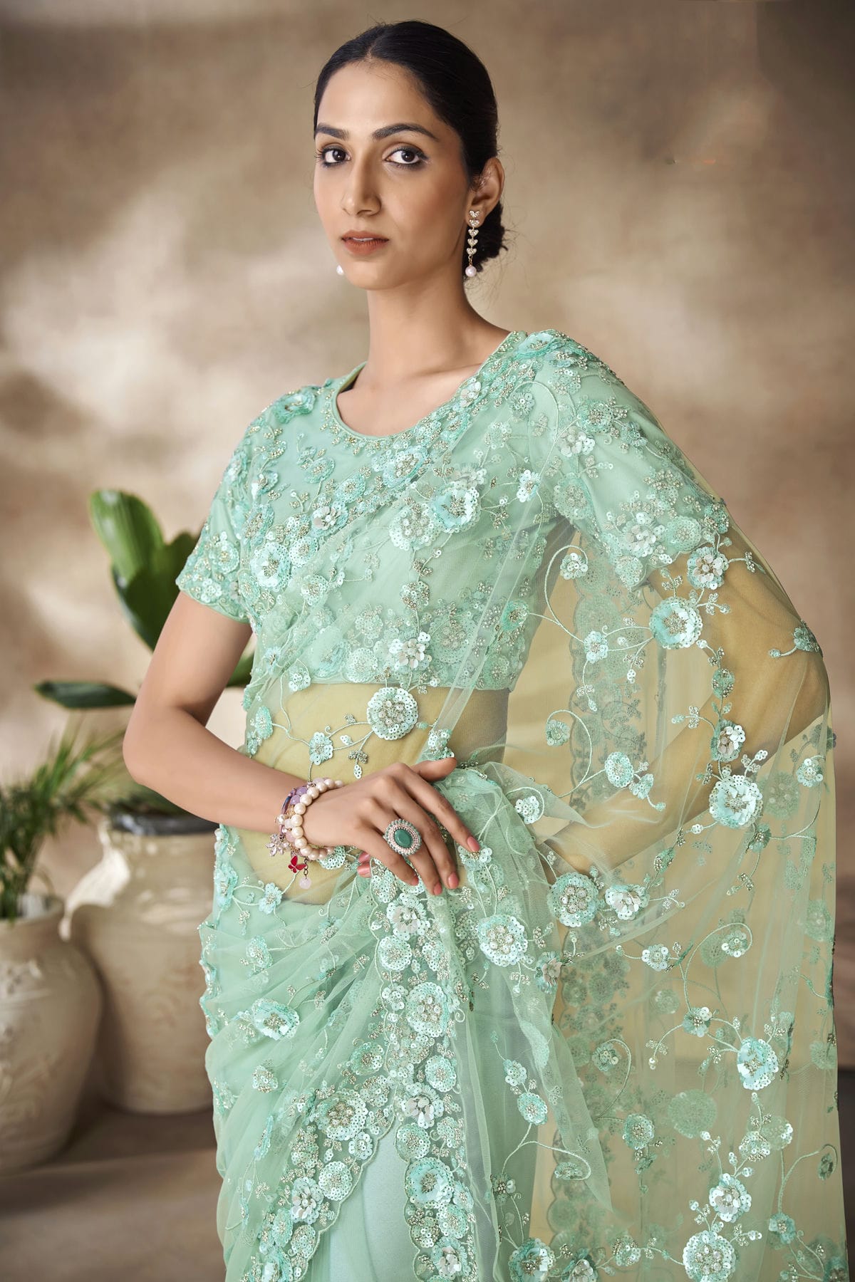 Sea Green Colour Net Designer Saree