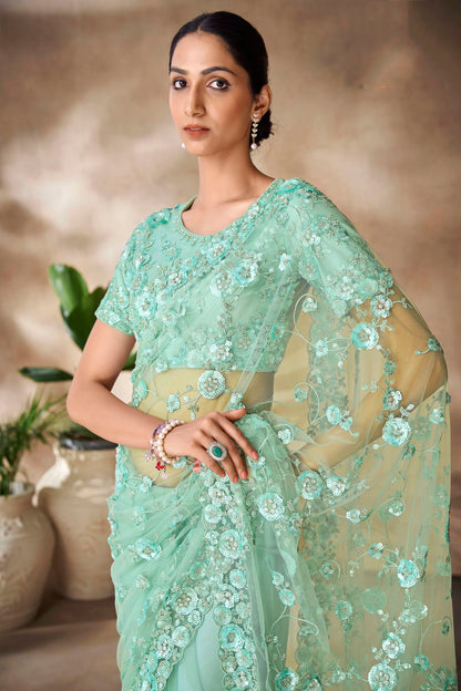 Sea Green Colour Net Designer Saree