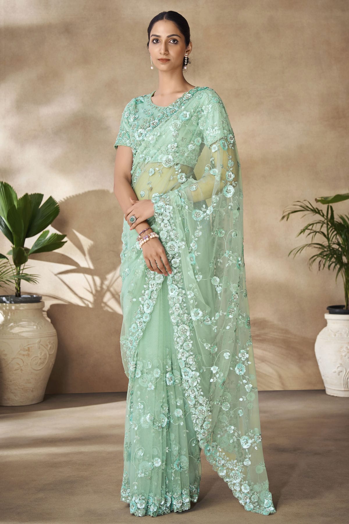 Sea Green Colour Net Designer Saree