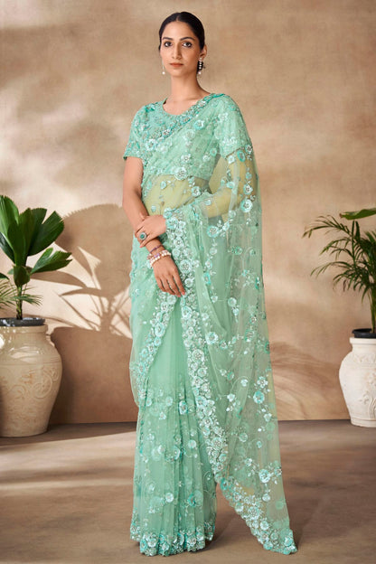 Sea Green Colour Net Designer Saree