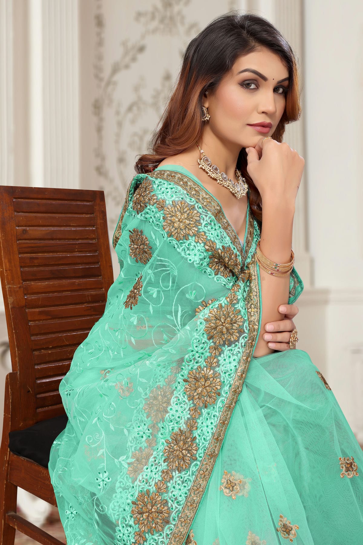 Sea Green Colour Net Designer Saree