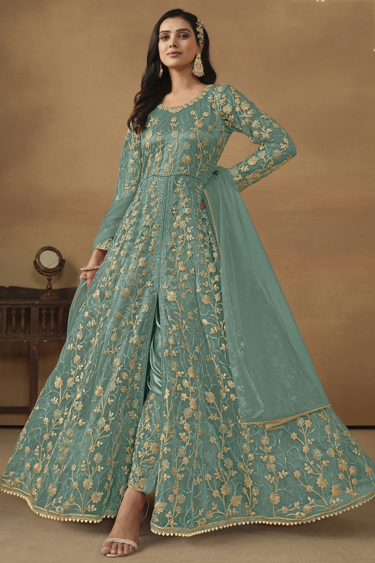 Sea Green Colour Net Pant Style Suit