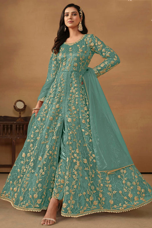 Sea Green Colour Net Pant Style Suit