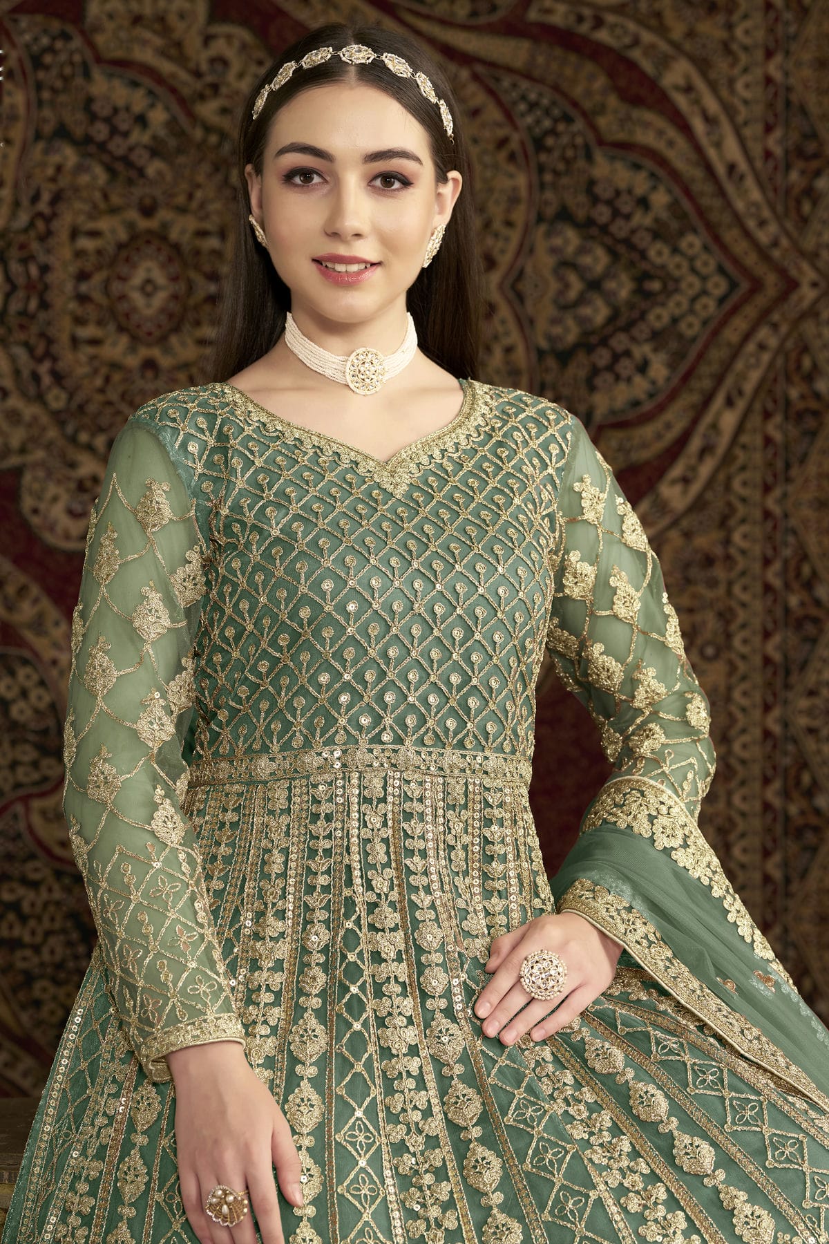 Sea Green Colour Net Semi Stitched Anarkali Suit