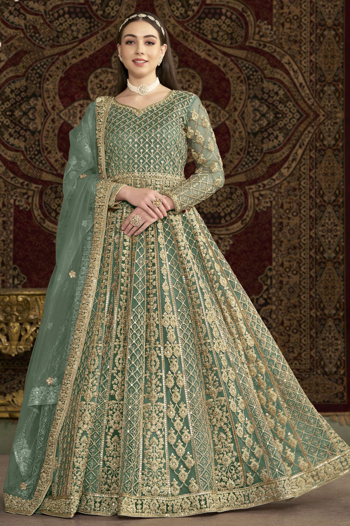 Sea Green Colour Net Semi Stitched Anarkali Suit