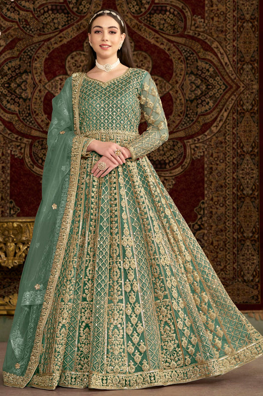 Sea Green Colour Net Semi Stitched Anarkali Suit