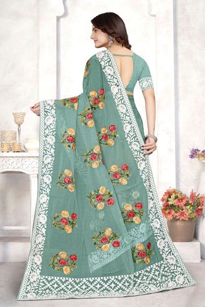 Sea Green Colour Organza Designer Saree