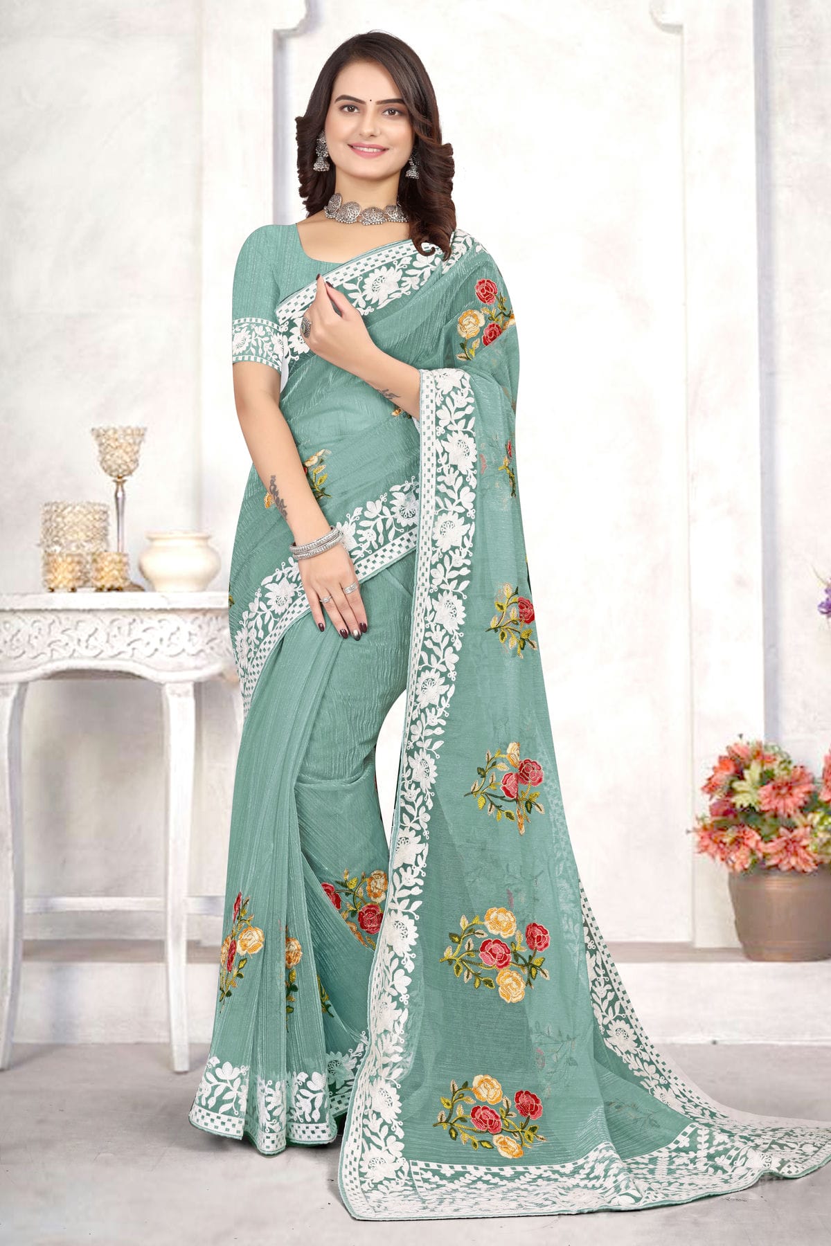 Sea Green Colour Organza Designer Saree