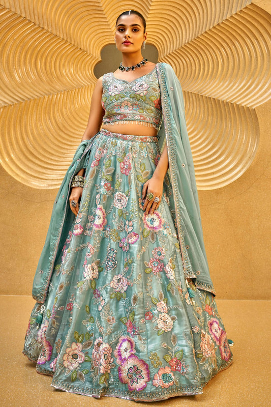 Sea Green Colour Organza Embroidery Lehenga Choli