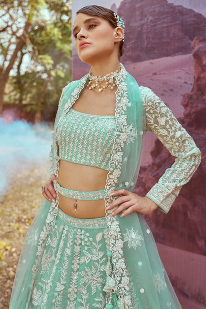 Sea Green Colour Organza Embroidery Lehenga Choli