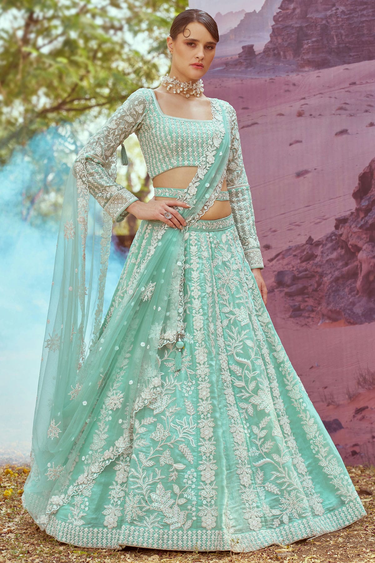 Sea Green Colour Organza Embroidery Lehenga Choli