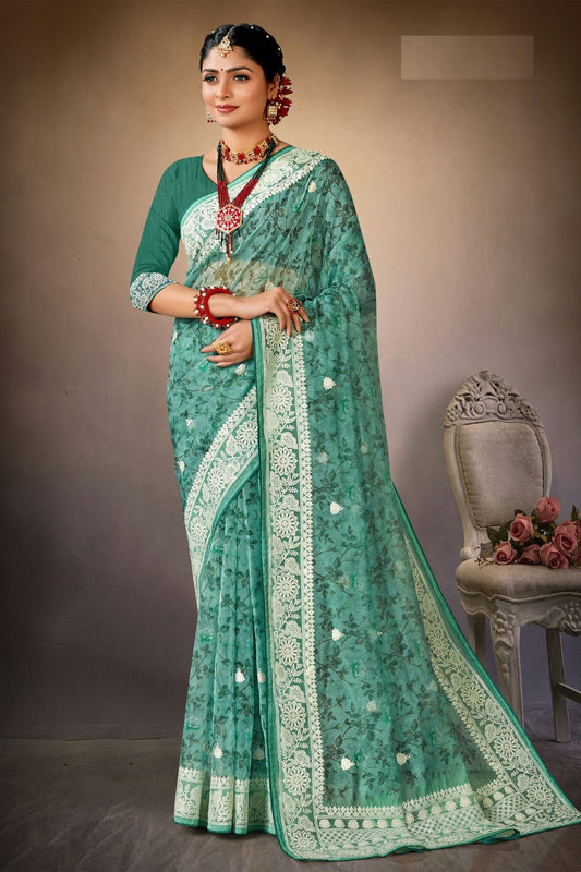 Sea Green Colour Organza Printed Saree