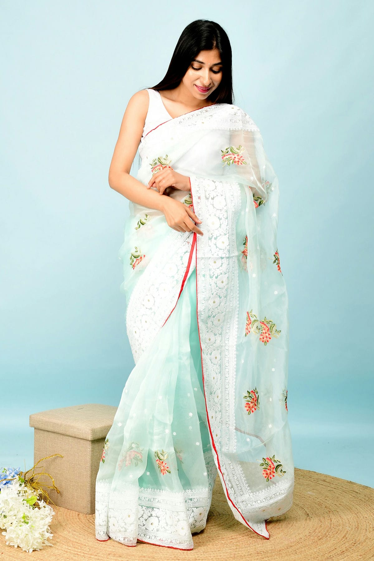 Sea Green Colour Organza Saree