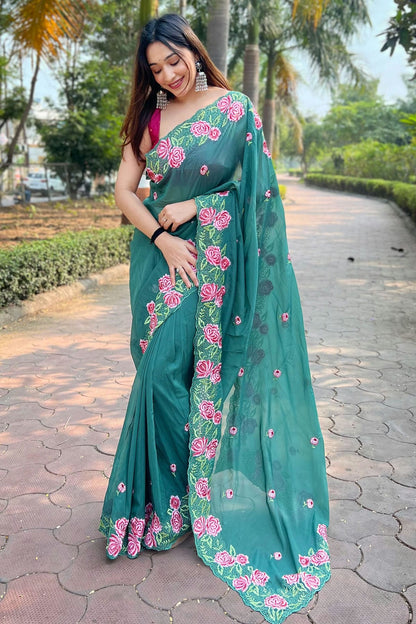 Sea Green Colour Organza Saree