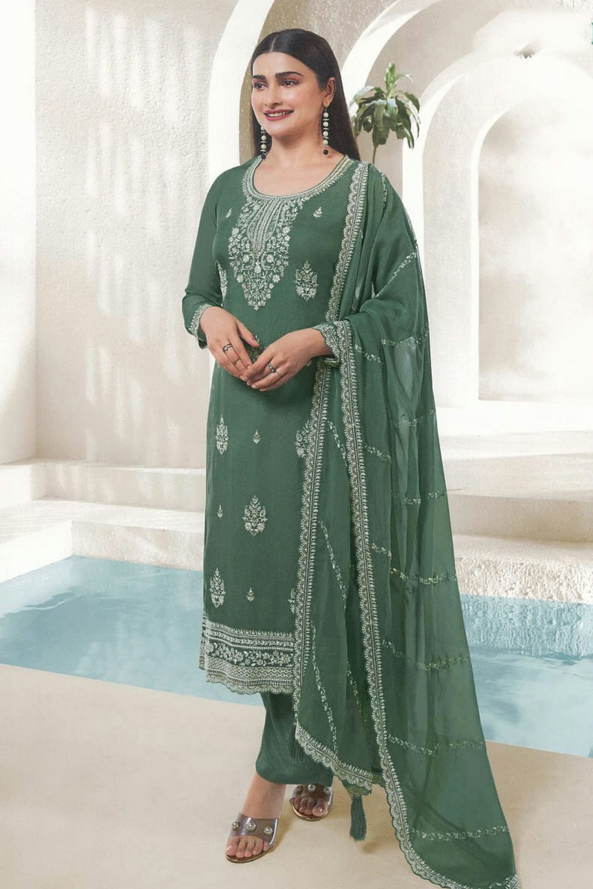 Sea Green Colour Organza Silk Pant Style Suit