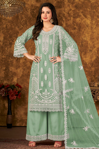 Sea Green Colour Plazoo Pant Suit Net Semi Stitched