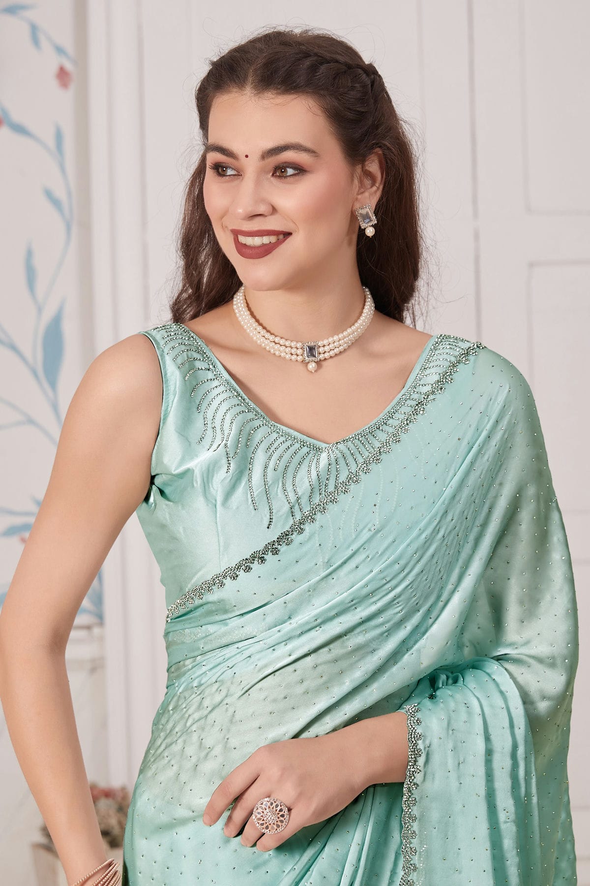 Sea Green Colour Pure Satin Designer Saree