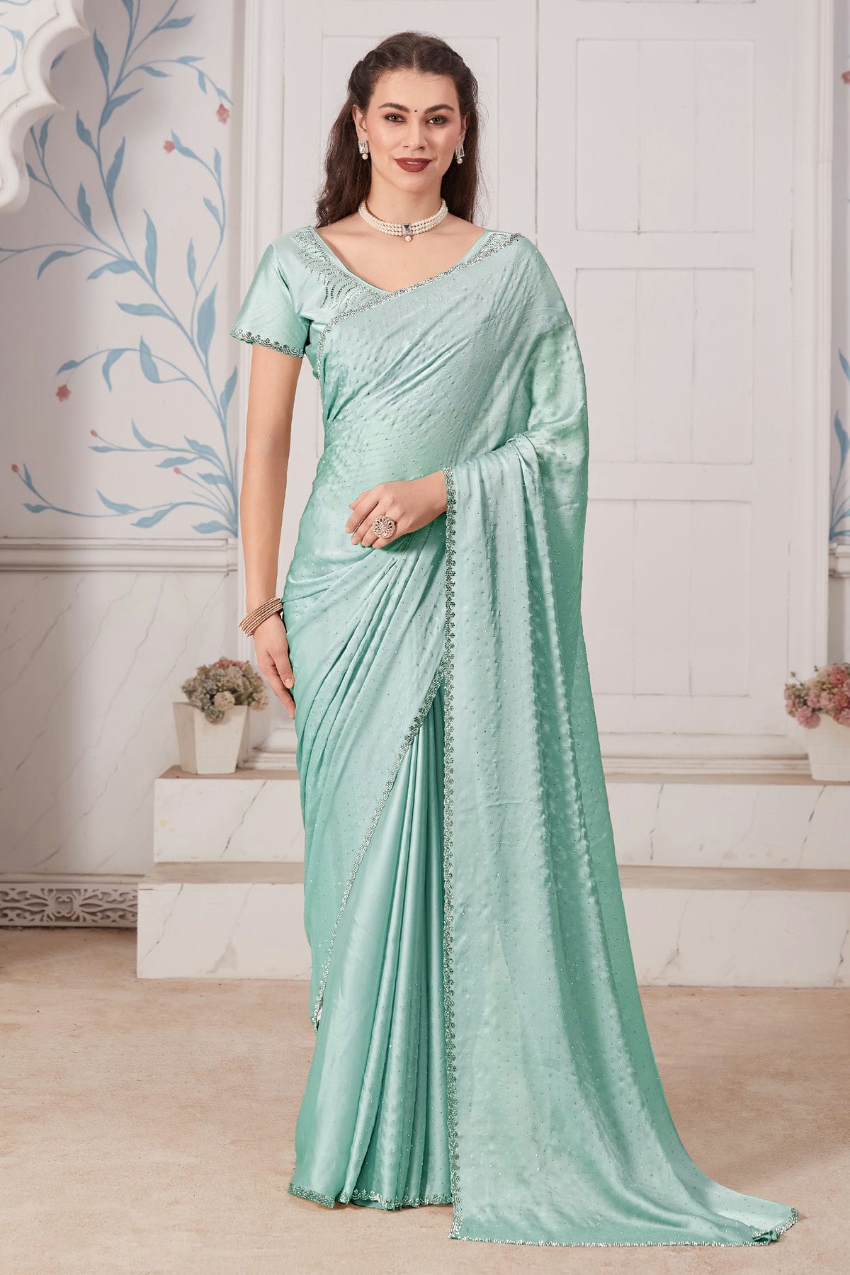 Sea Green Colour Pure Satin Designer Saree