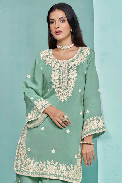 Sea Green Colour Roman Silk Sharara Suit