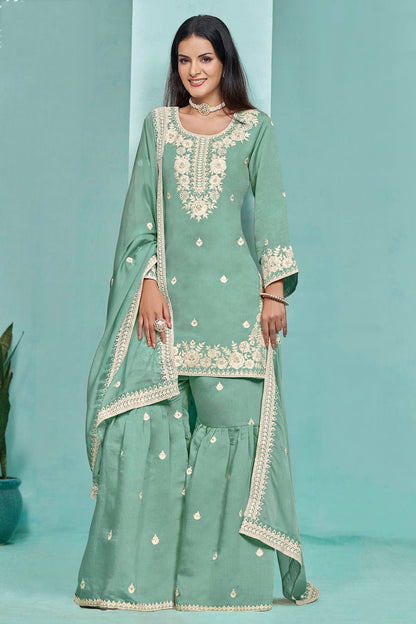 Sea Green Colour Roman Silk Sharara Suit