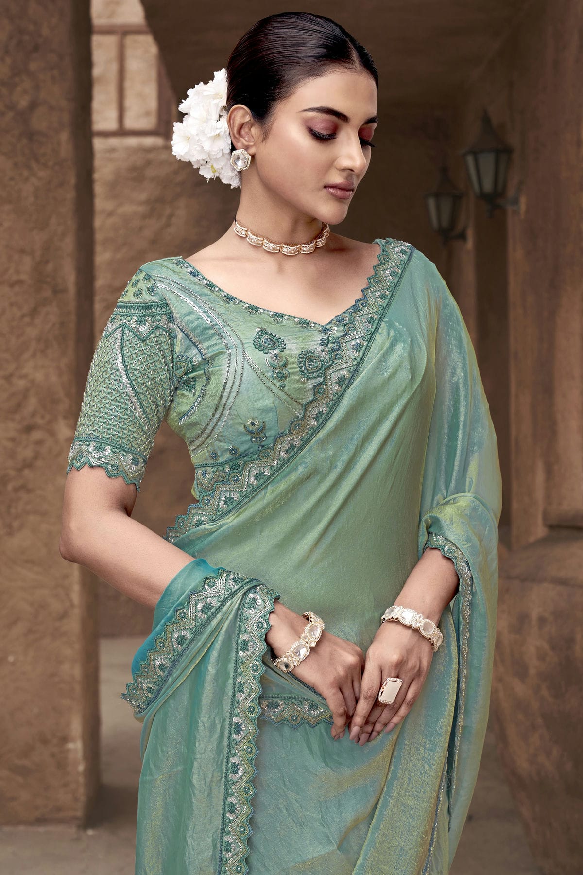 Sea Green Colour Satin Silk Designer Saree VSSD1112688