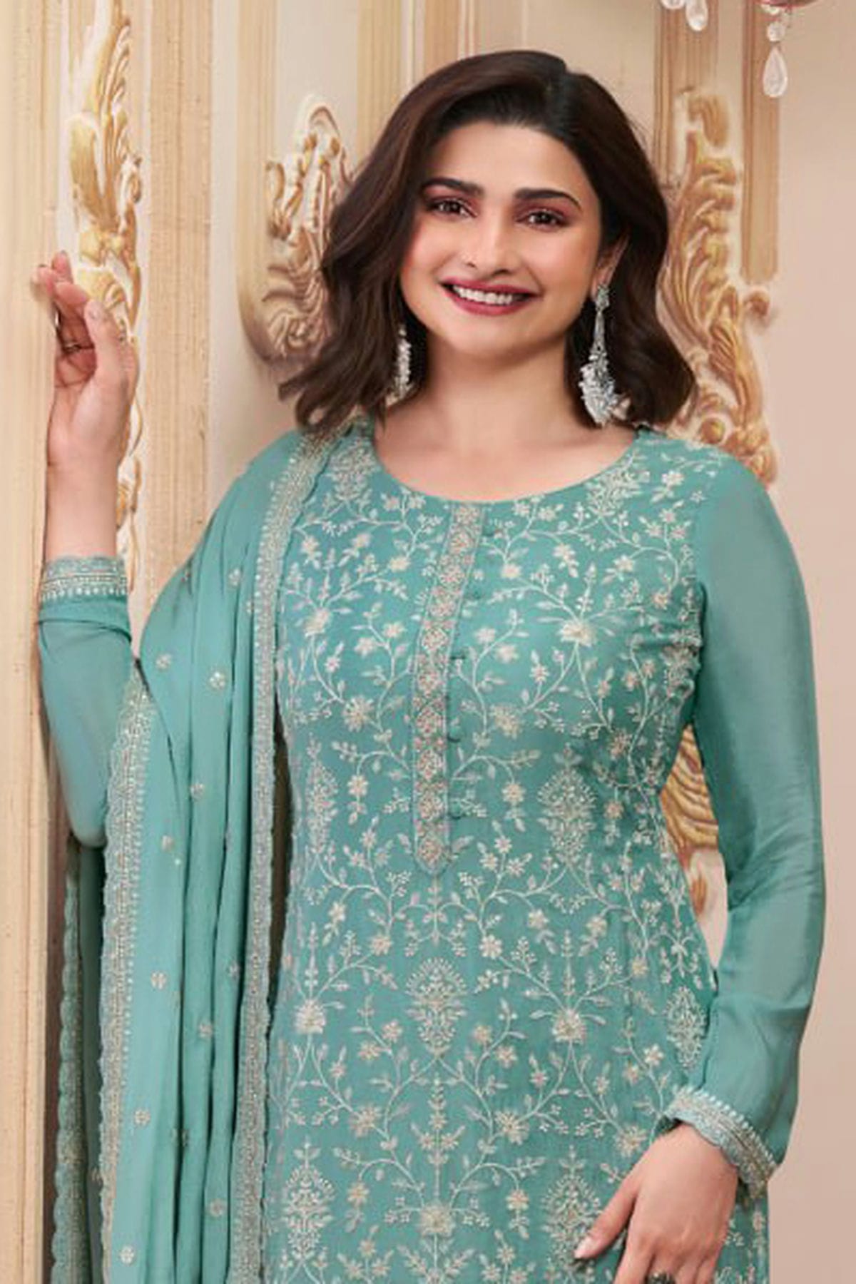 Sea Green Colour Semi Stitched Chinon Silk Pant Style Suit