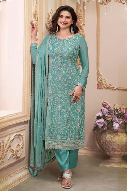 Sea Green Colour Semi Stitched Chinon Silk Pant Style Suit