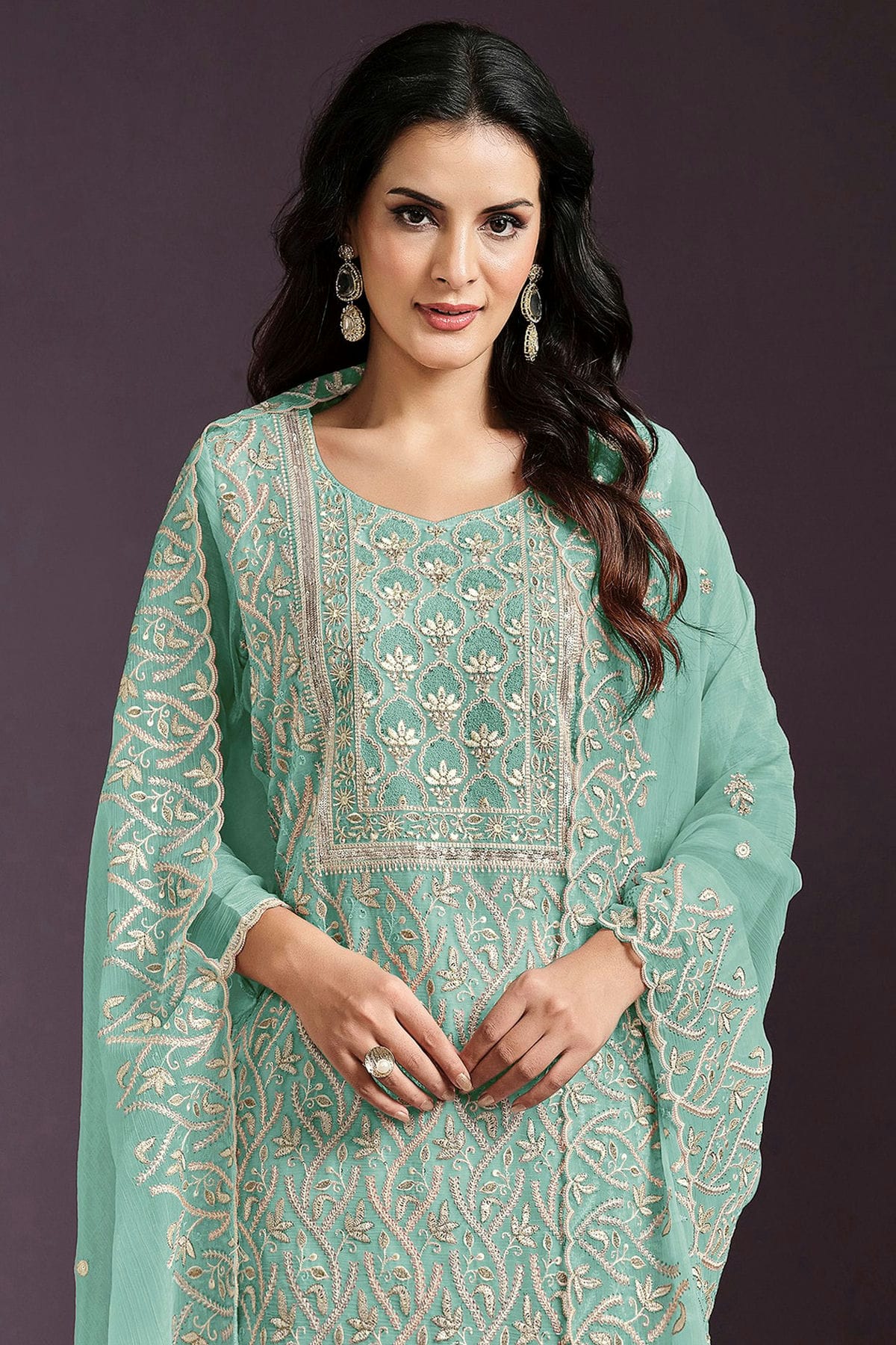 Sea Green Colour Semi Stitched Chinon Straight Suit VSSM1112778