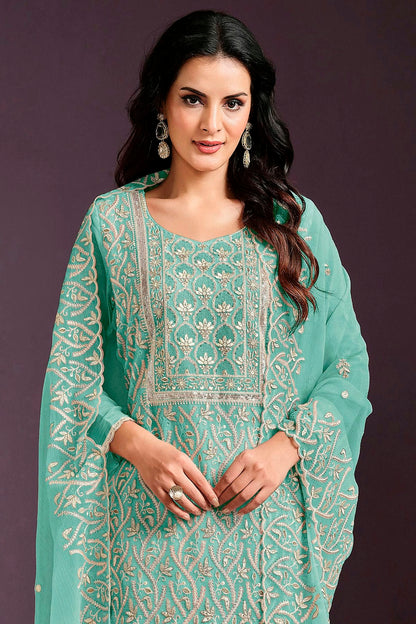 Sea Green Colour Semi Stitched Chinon Straight Suit VSSM1112778