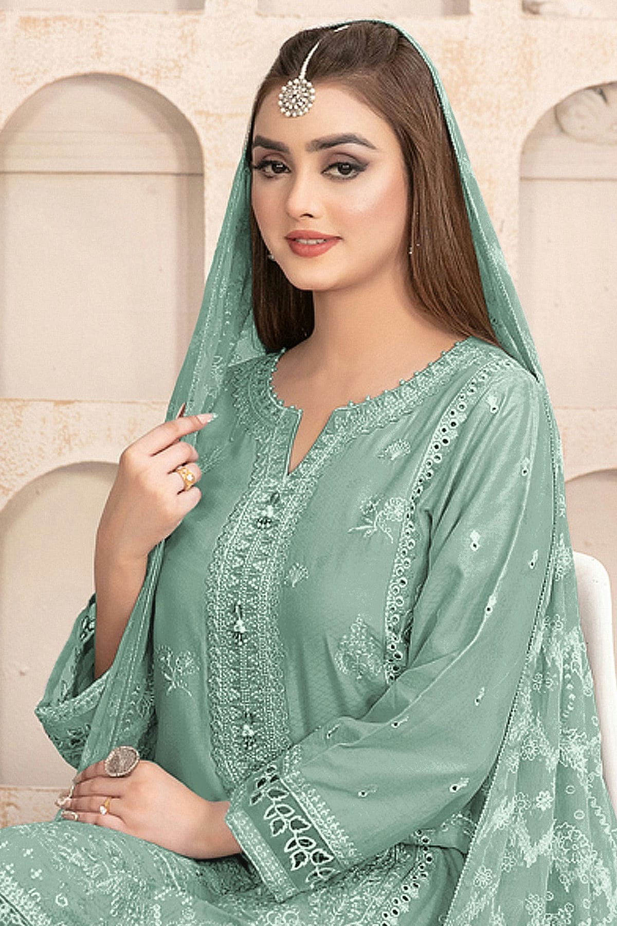 Sea Green Colour Semi Stitched Faux Georgette Pakistani Suit