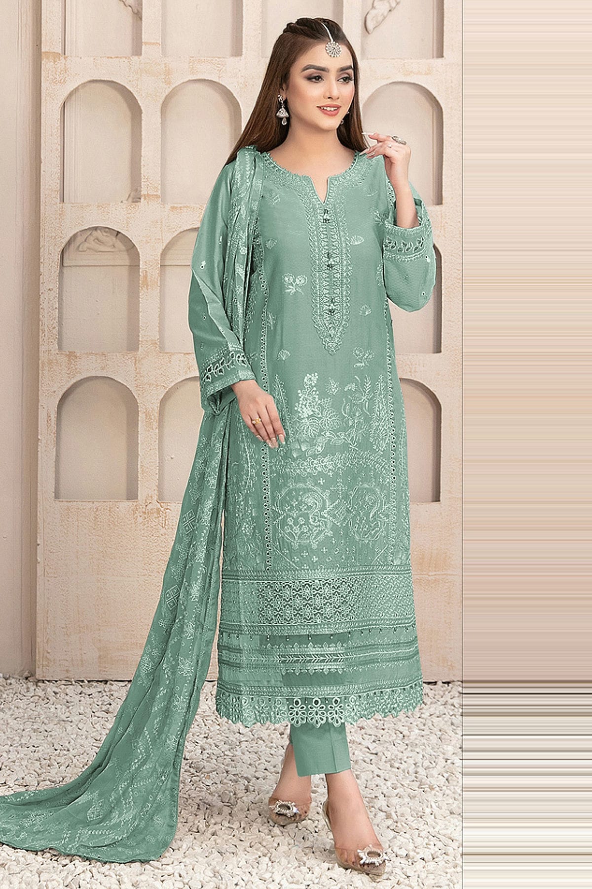 Sea Green Colour Semi Stitched Faux Georgette Pakistani Suit