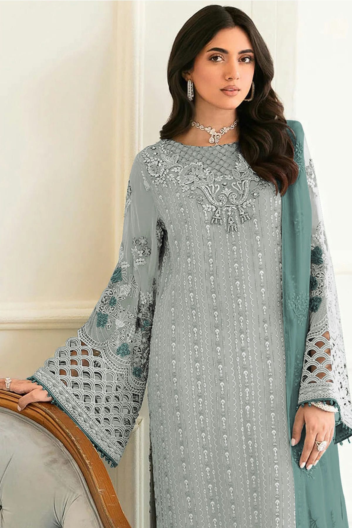 Sea Green Colour Semi Stitched Faux Georgette Pakistani Suit