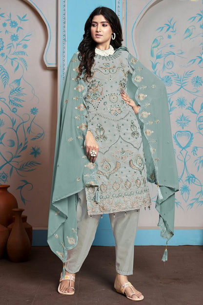 Sea Green Colour Semi Stitched Faux Georgette Pakistani Suit