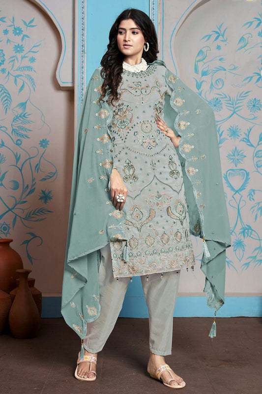 Sea Green Colour Semi Stitched Faux Georgette Pakistani Suit