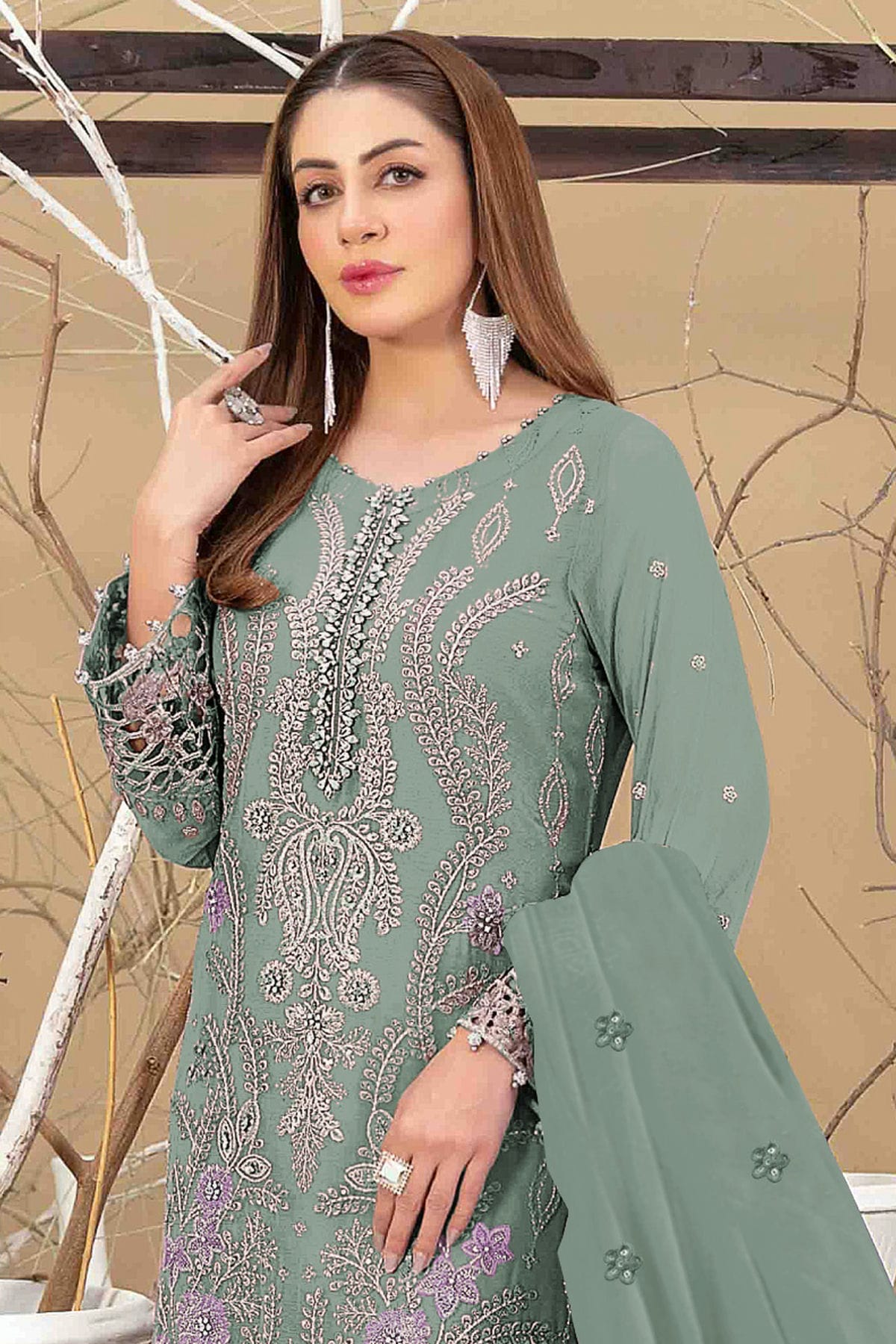 Sea Green Colour Semi Stitched Faux Georgette Pakistani Suit