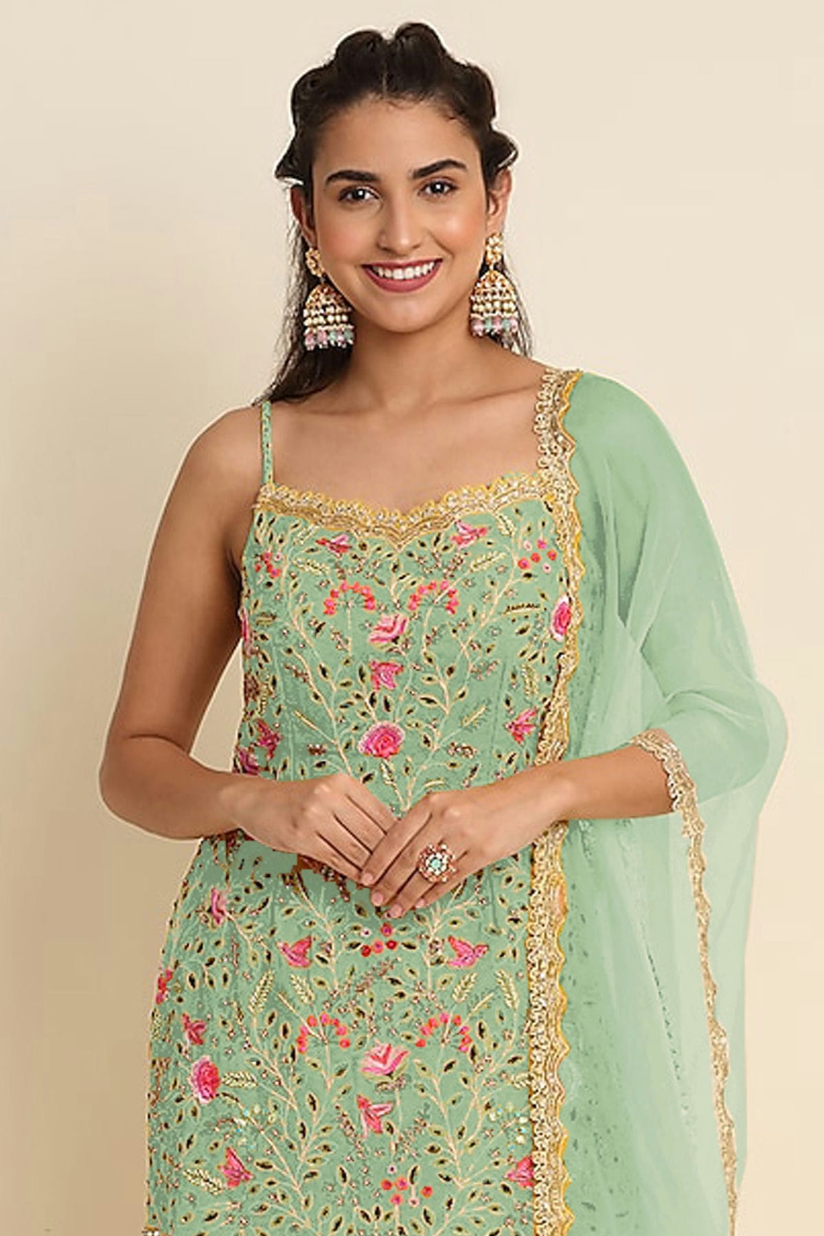 Sea Green Colour Semi Stitched Faux Georgette Sharara Suit