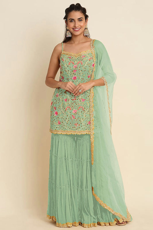 Sea Green Colour Semi Stitched Faux Georgette Sharara Suit