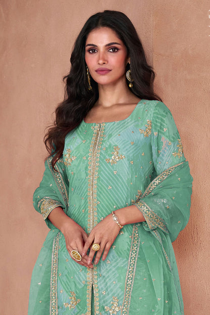 Sea Green Colour Semi Stitched Faux Georgette Sharara Suit