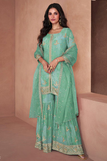 Sea Green Colour Semi Stitched Faux Georgette Sharara Suit