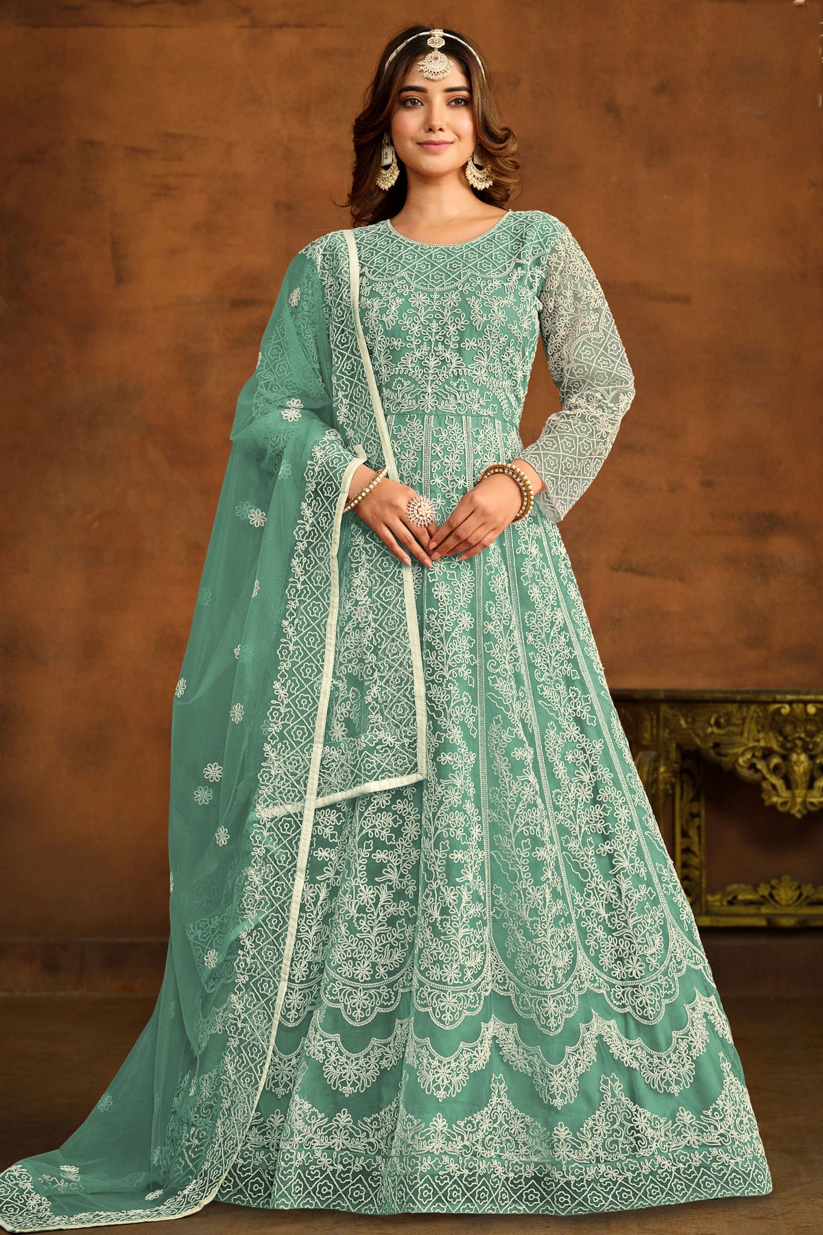 Sea Green Colour Semi Stitched Net Anarkali Suit