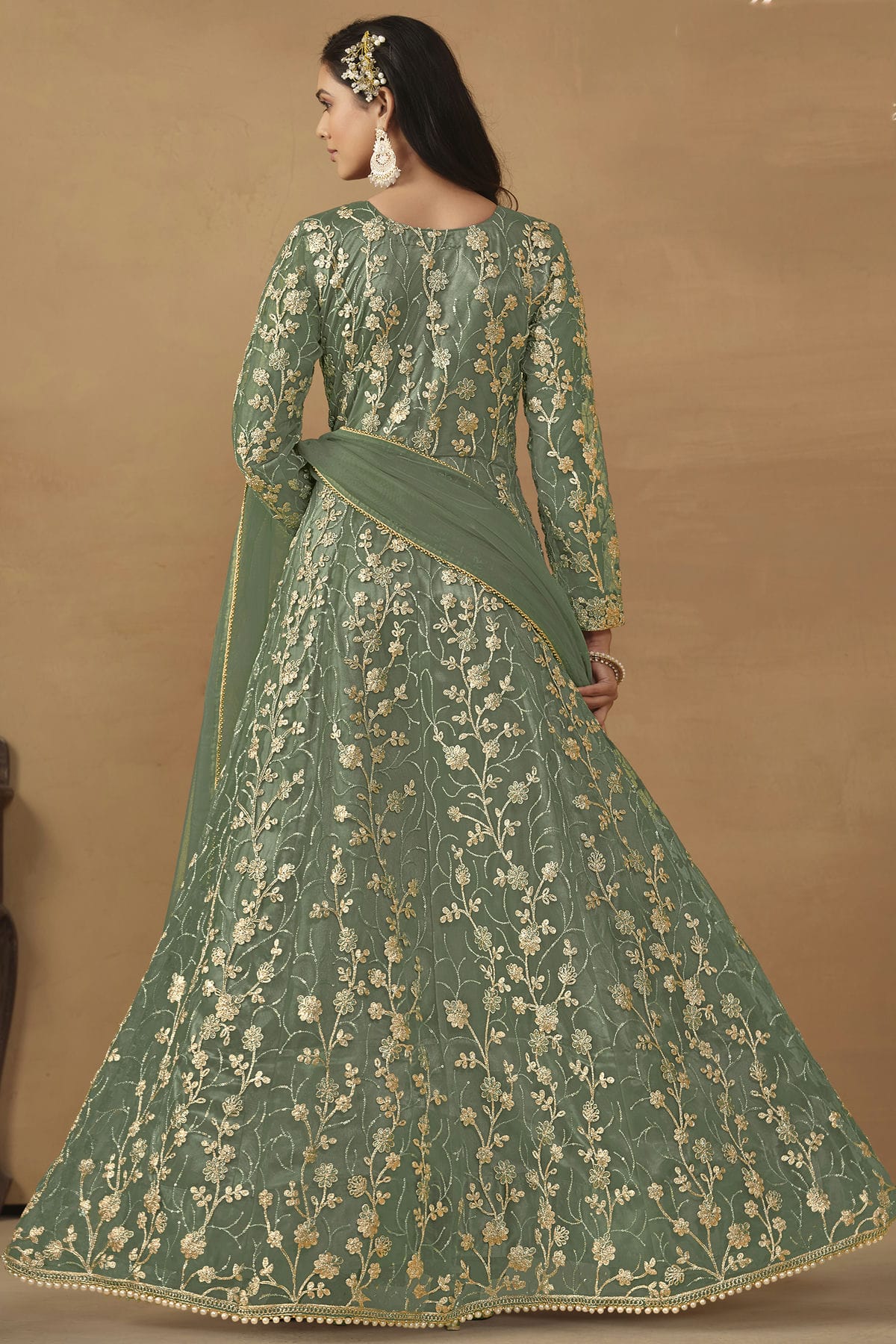 Sea Green Colour Semi Stitched Net Pant Style Suit