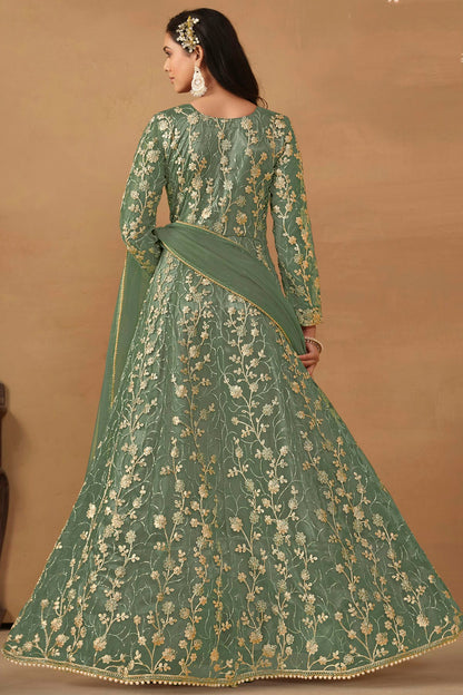 Sea Green Colour Semi Stitched Net Pant Style Suit