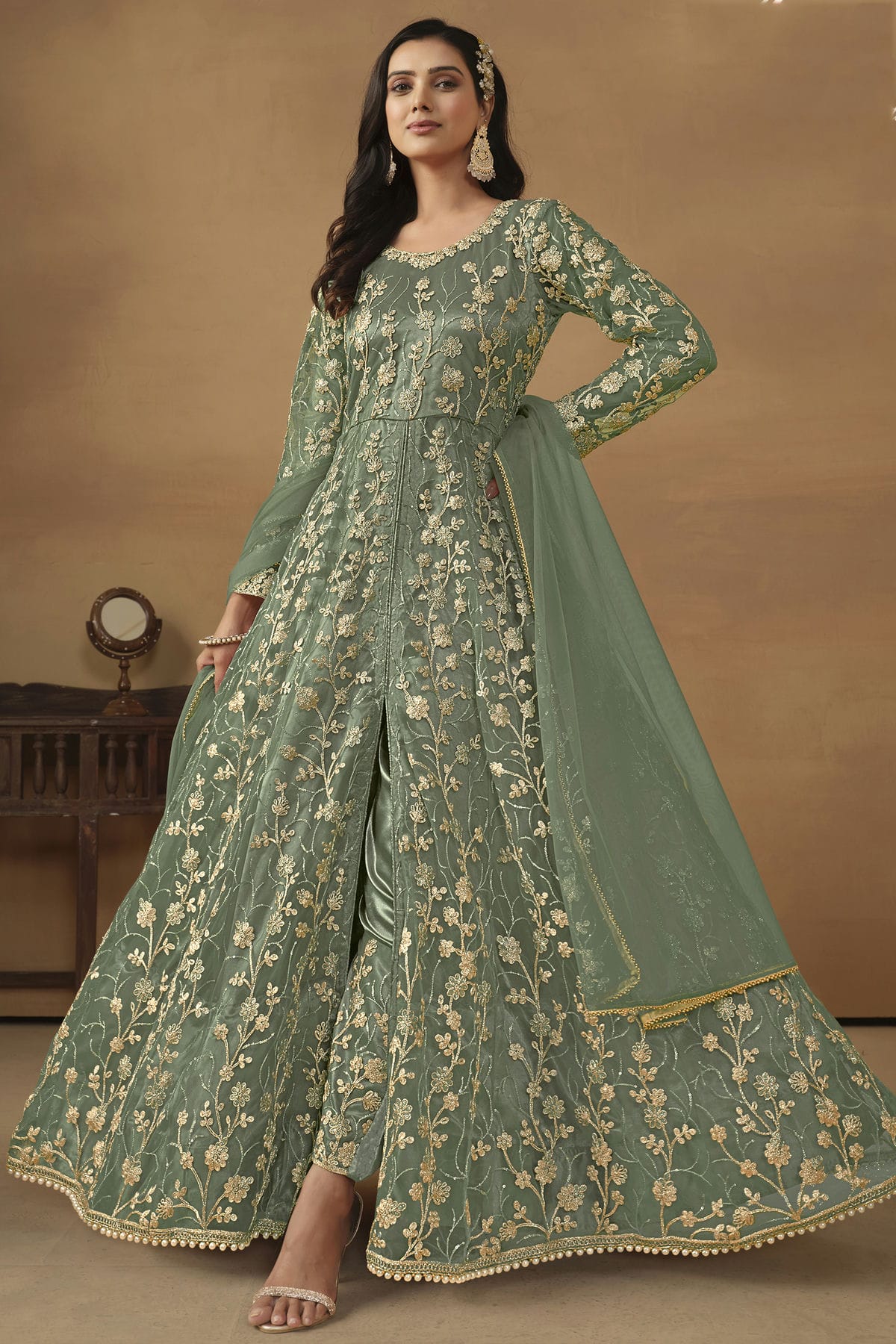 Sea Green Colour Semi Stitched Net Pant Style Suit