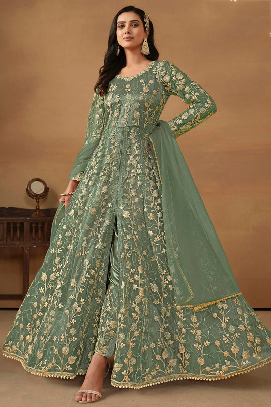 Sea Green Colour Semi Stitched Net Pant Style Suit