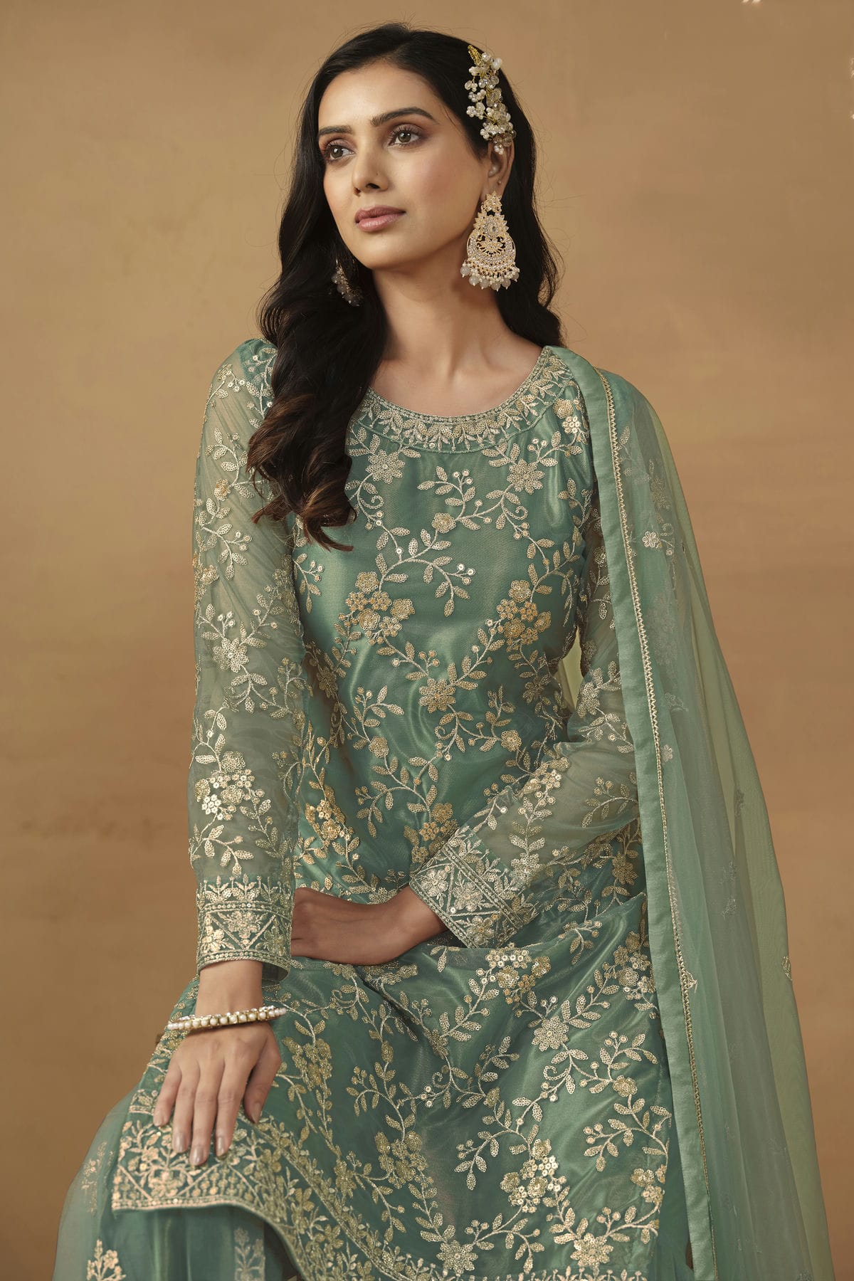 Sea Green Colour Semi Stitched Net Sharara Suit