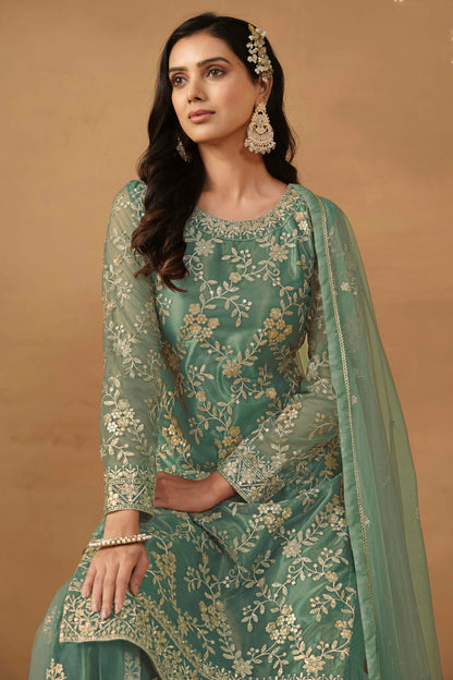 Sea Green Colour Semi Stitched Net Sharara Suit