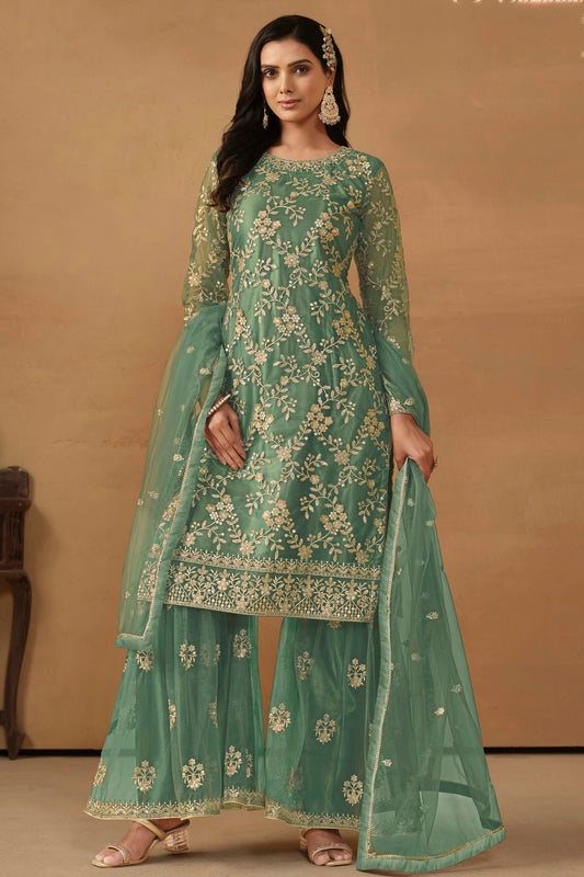 Sea Green Colour Semi Stitched Net Sharara Suit